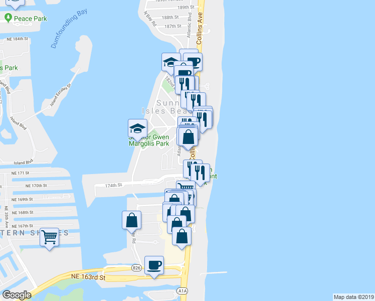 map of restaurants, bars, coffee shops, grocery stores, and more near 17632 Collins Avenue in Sunny Isles Beach