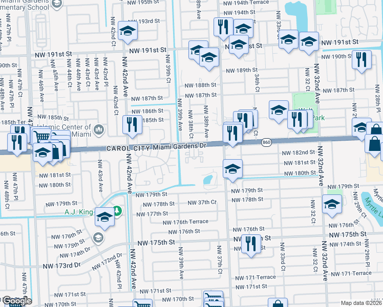 map of restaurants, bars, coffee shops, grocery stores, and more near 3860 Northwest 183rd Street in Miami Gardens