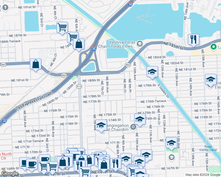map of restaurants, bars, coffee shops, grocery stores, and more near 825 Northeast 178th Terrace in Miami