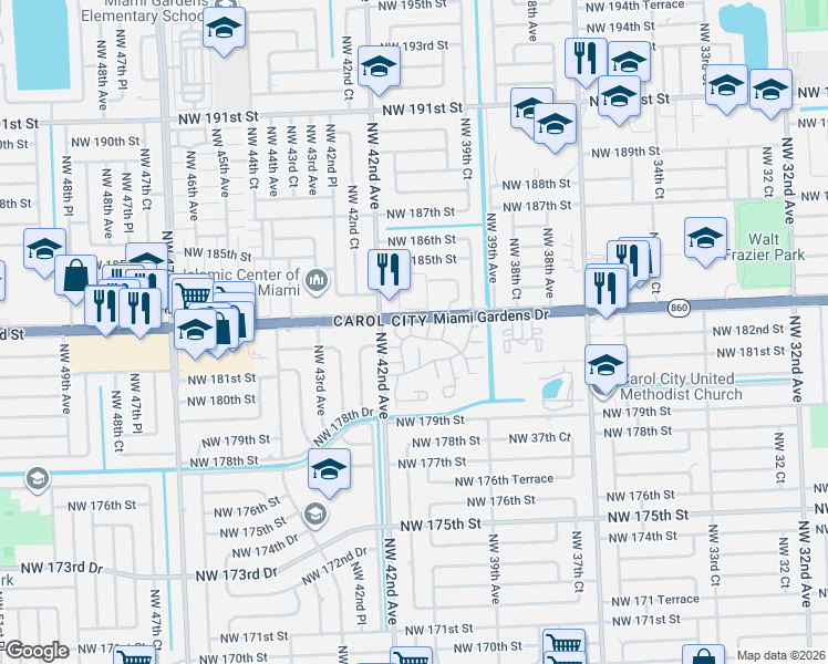 map of restaurants, bars, coffee shops, grocery stores, and more near 18187 Northwest 41st Court in Miami Gardens