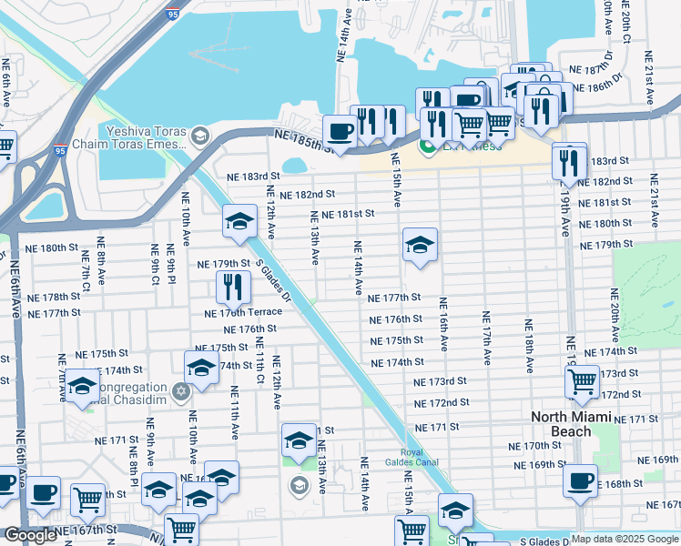 map of restaurants, bars, coffee shops, grocery stores, and more near 1363 Northeast 178th Street in North Miami Beach