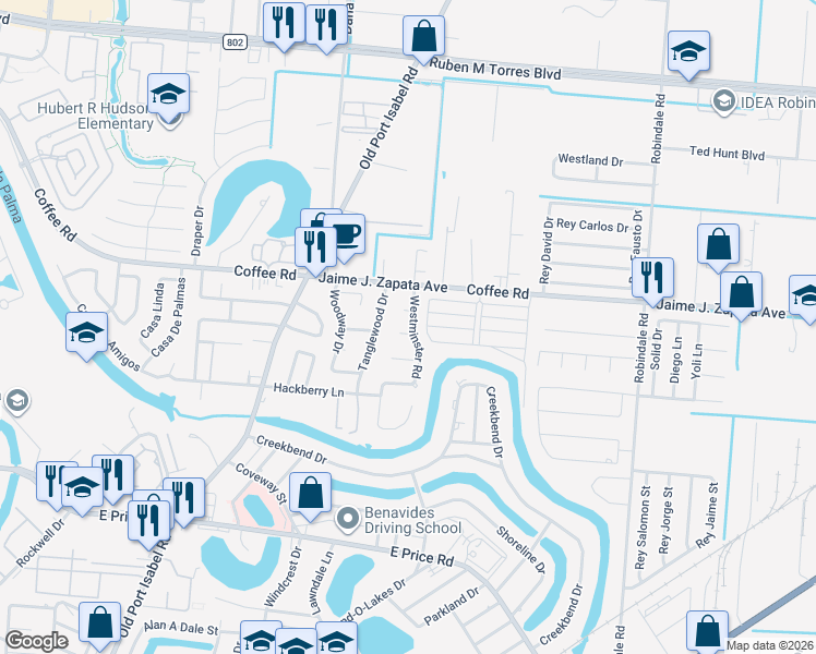 map of restaurants, bars, coffee shops, grocery stores, and more near 1901 Westminster Road in Brownsville