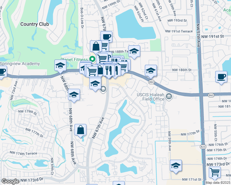 map of restaurants, bars, coffee shops, grocery stores, and more near 18266 Mediterranean Boulevard in Hialeah