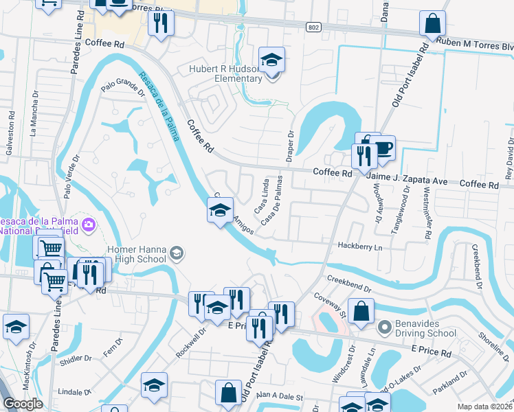 map of restaurants, bars, coffee shops, grocery stores, and more near 30 Casa Linda in Brownsville