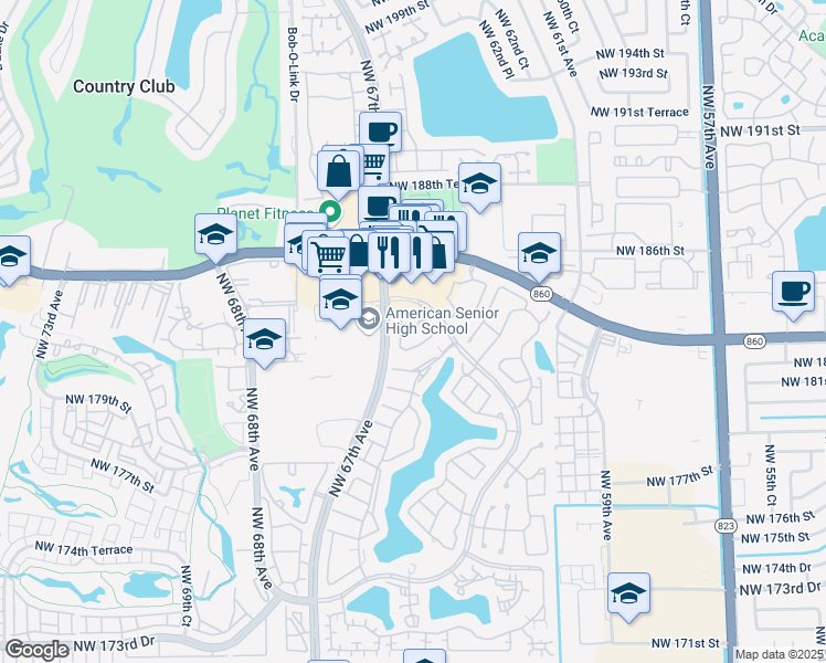 map of restaurants, bars, coffee shops, grocery stores, and more near 18266 Mediterranean Boulevard in Hialeah
