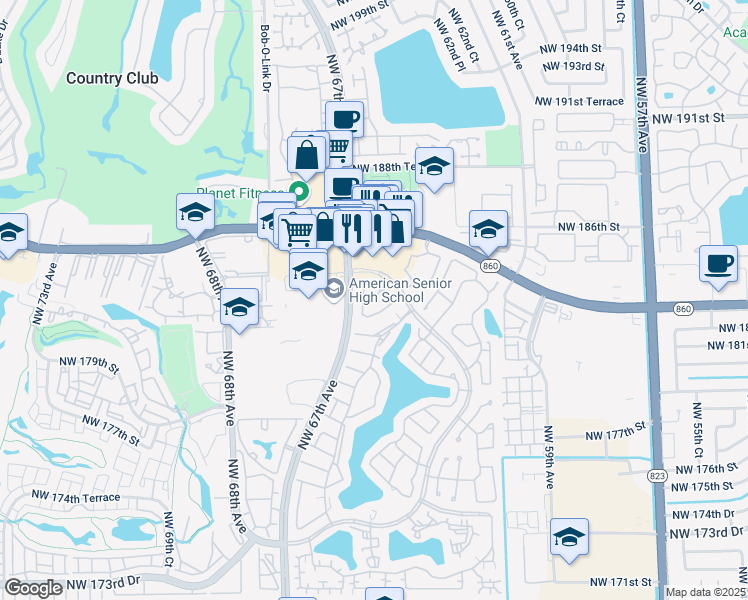 map of restaurants, bars, coffee shops, grocery stores, and more near 18246 Mediterranean Boulevard in Hialeah