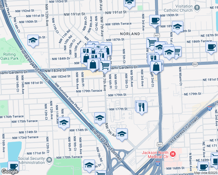map of restaurants, bars, coffee shops, grocery stores, and more near 17950 Northwest 6th Place in Miami
