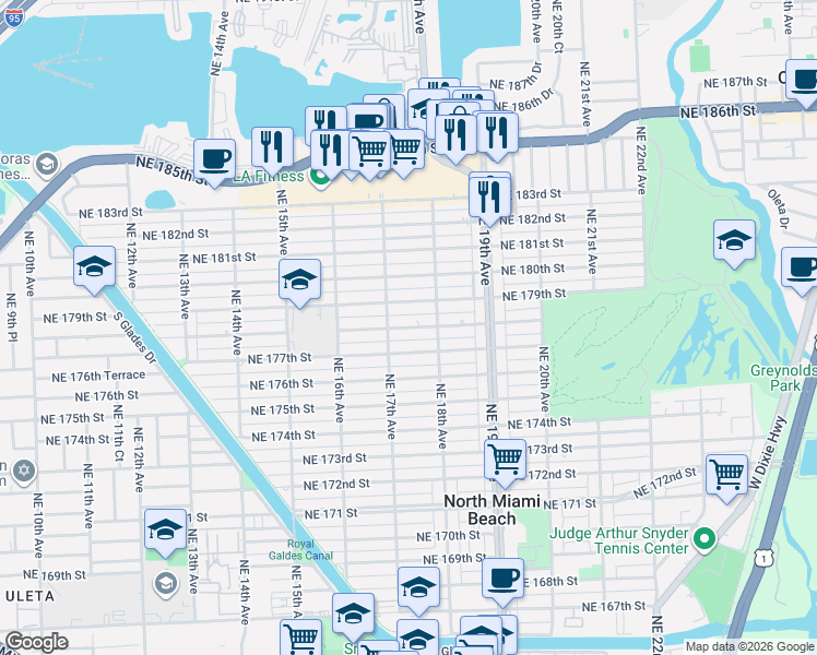 map of restaurants, bars, coffee shops, grocery stores, and more near 1728 Northeast 178th Street in North Miami Beach