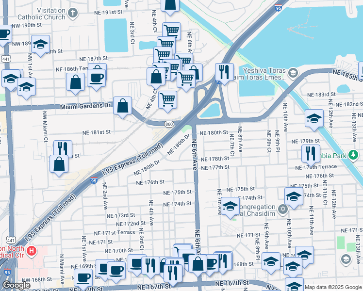 map of restaurants, bars, coffee shops, grocery stores, and more near 530 Northeast 180th Drive in North Miami Beach
