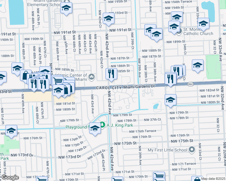 map of restaurants, bars, coffee shops, grocery stores, and more near in Miami Gardens