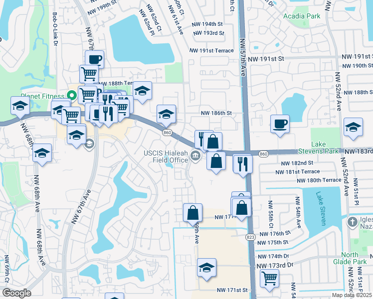 map of restaurants, bars, coffee shops, grocery stores, and more near 6001 Northwest 182nd Lane in Hialeah