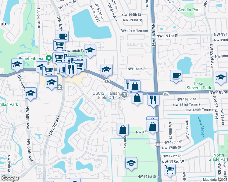 map of restaurants, bars, coffee shops, grocery stores, and more near 6001 Northwest 182nd Lane in Hialeah