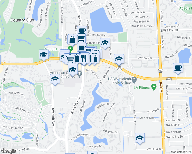 map of restaurants, bars, coffee shops, grocery stores, and more near 18136 Northwest 61st Place in Hialeah