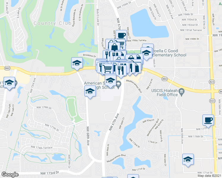 map of restaurants, bars, coffee shops, grocery stores, and more near 18350 Northwest 67th Avenue in Hialeah