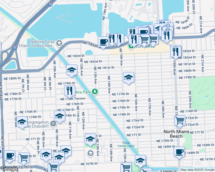 map of restaurants, bars, coffee shops, grocery stores, and more near 1363 Northeast 178th Street in North Miami Beach