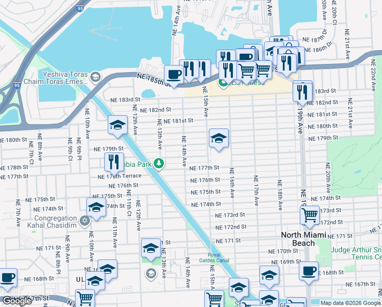 map of restaurants, bars, coffee shops, grocery stores, and more near 1423 Northeast 178th Street in North Miami Beach
