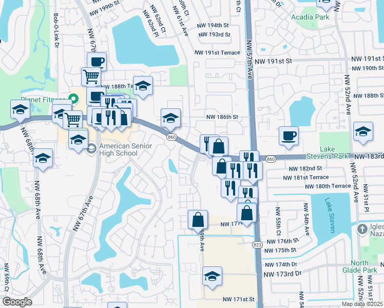 map of restaurants, bars, coffee shops, grocery stores, and more near 6001 Northwest 182nd Lane in Hialeah