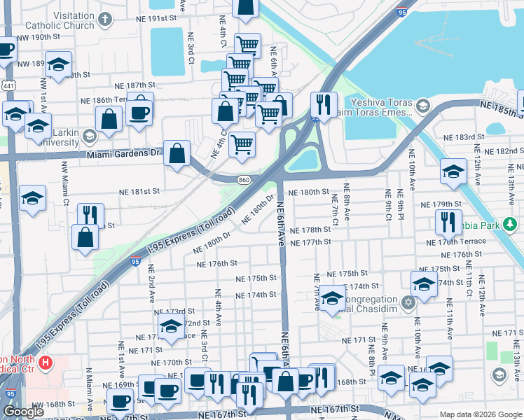 map of restaurants, bars, coffee shops, grocery stores, and more near 530 Northeast 180th Drive in North Miami Beach