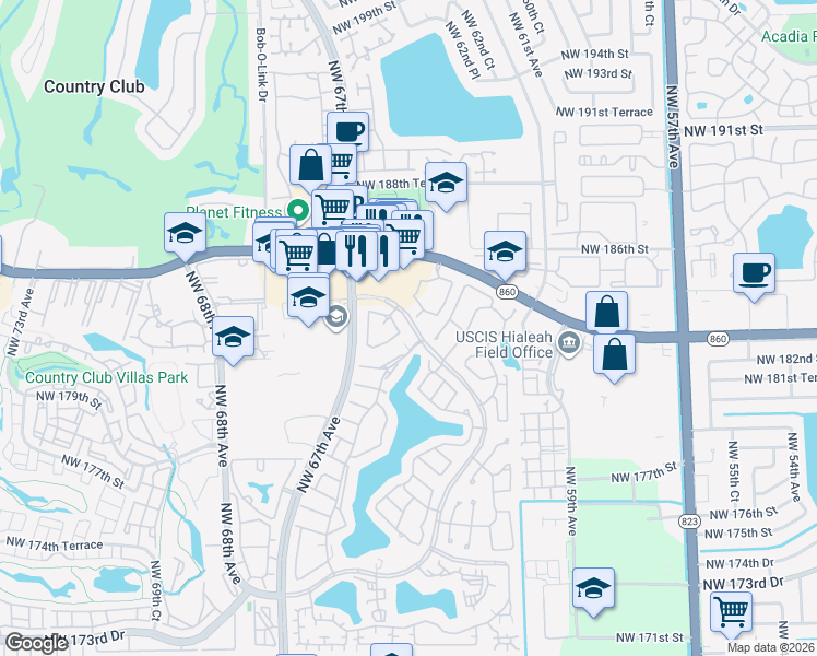 map of restaurants, bars, coffee shops, grocery stores, and more near 18136 Northwest 61st Place in Hialeah