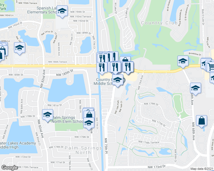 map of restaurants, bars, coffee shops, grocery stores, and more near 7643 NW 182nd Ln in Hialeah