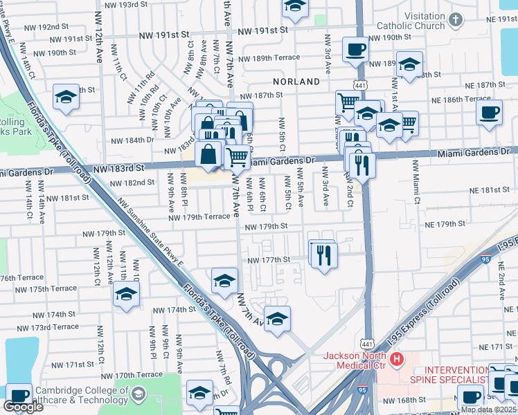 map of restaurants, bars, coffee shops, grocery stores, and more near 17940 Northwest 6th Avenue in Miami
