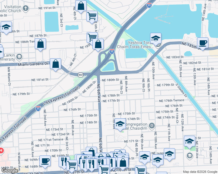 map of restaurants, bars, coffee shops, grocery stores, and more near 665 Northeast 178th Terrace in North Miami Beach