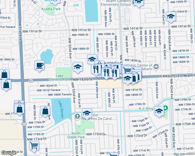 map of restaurants, bars, coffee shops, grocery stores, and more near 4859 Northwest 183rd Street in Miami Gardens