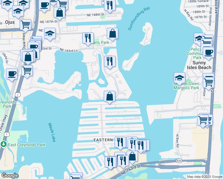 map of restaurants, bars, coffee shops, grocery stores, and more near 3700 Island Boulevard in Aventura
