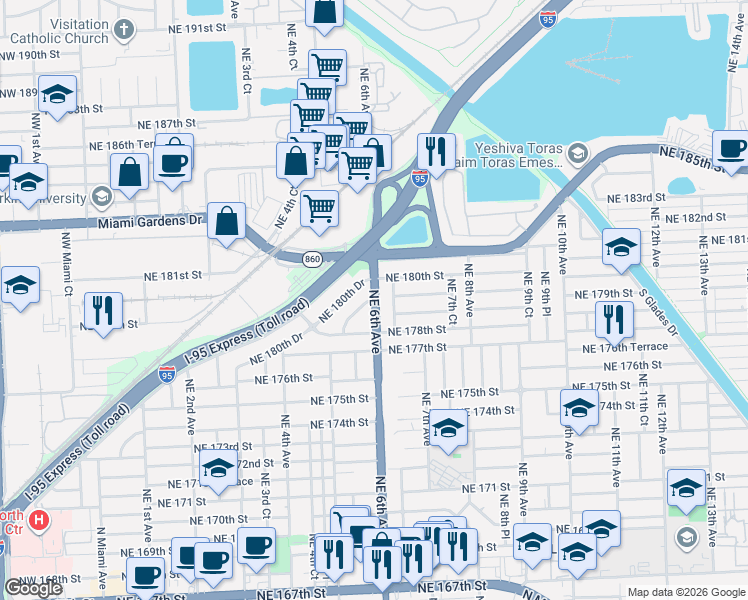 map of restaurants, bars, coffee shops, grocery stores, and more near 17865 Northeast 6th Avenue in Miami