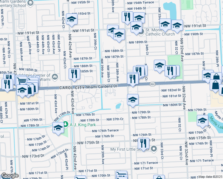 map of restaurants, bars, coffee shops, grocery stores, and more near 3830 Northwest 183rd Street in Miami Gardens