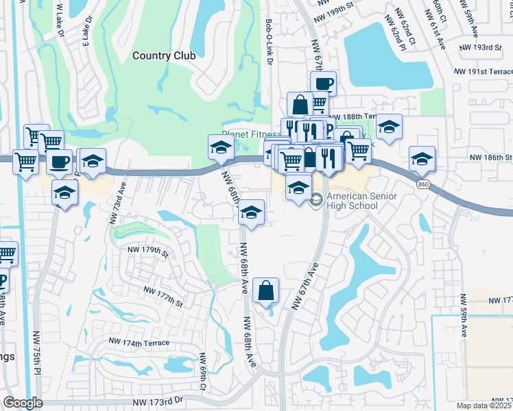 map of restaurants, bars, coffee shops, grocery stores, and more near 1844 Northwest 68th Avenue in Hialeah