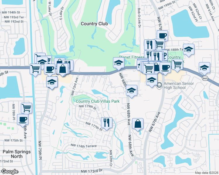 map of restaurants, bars, coffee shops, grocery stores, and more near 18330 Northwest 68th Avenue in Hialeah