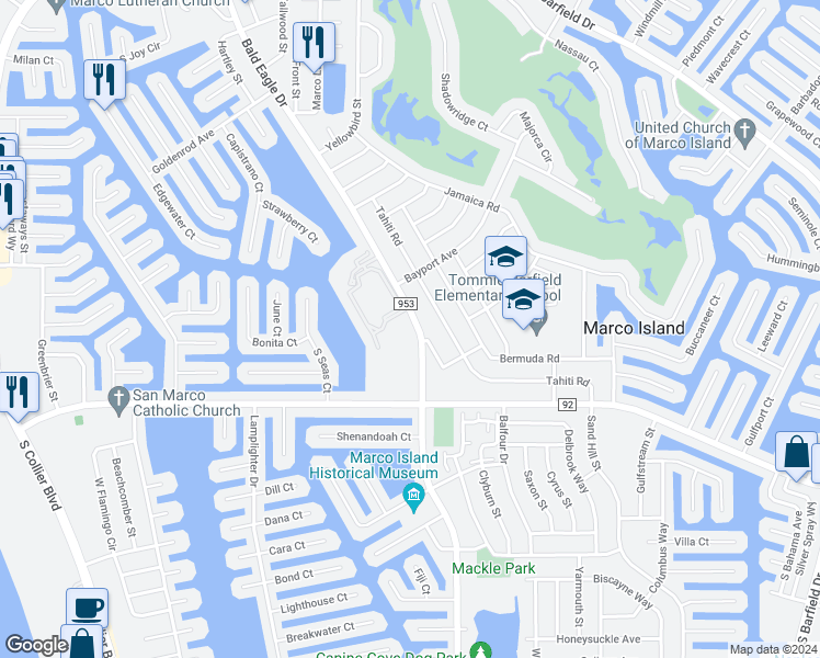 map of restaurants, bars, coffee shops, grocery stores, and more near 140 Waterway Drive in Marco Island