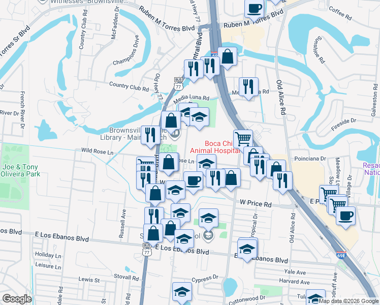map of restaurants, bars, coffee shops, grocery stores, and more near 835 Wildrose Lane in Brownsville