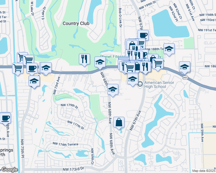 map of restaurants, bars, coffee shops, grocery stores, and more near 18062 Northwest 68th Avenue in Hialeah