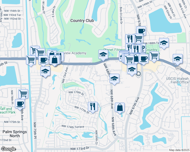 map of restaurants, bars, coffee shops, grocery stores, and more near 18330 Northwest 68th Avenue in Hialeah