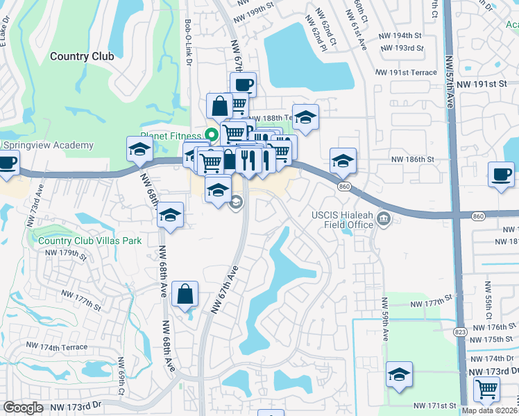 map of restaurants, bars, coffee shops, grocery stores, and more near 18266 Mediterranean Boulevard in Hialeah