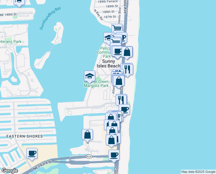 map of restaurants, bars, coffee shops, grocery stores, and more near 17775 North Bay Road in Sunny Isles Beach