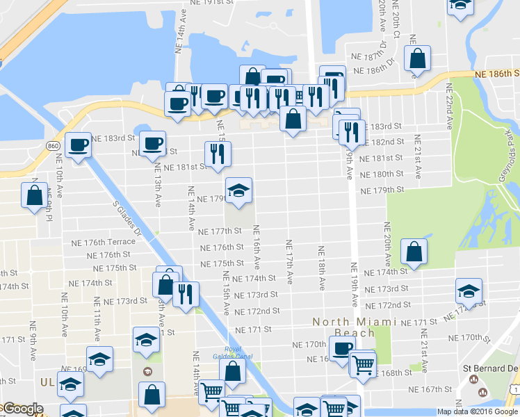 map of restaurants, bars, coffee shops, grocery stores, and more near 1605 Northeast 178th Street in North Miami Beach