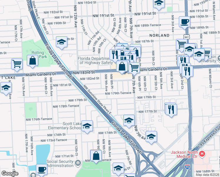 map of restaurants, bars, coffee shops, grocery stores, and more near 18001 Northwest 9th Avenue in Miami