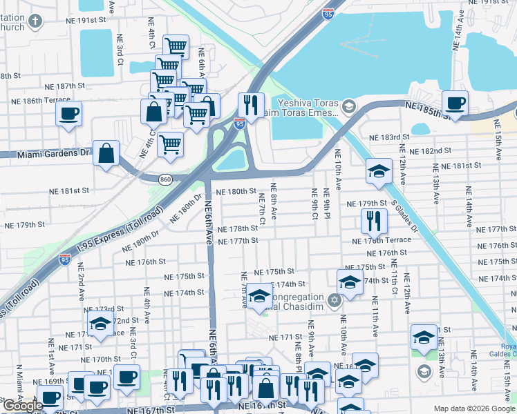map of restaurants, bars, coffee shops, grocery stores, and more near 740 Northeast 179th Terrace in North Miami Beach