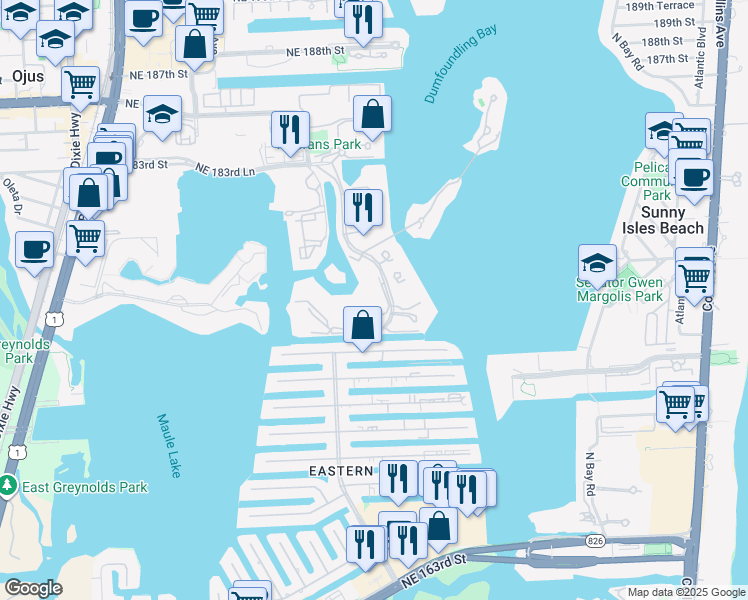 map of restaurants, bars, coffee shops, grocery stores, and more near 3700 Island Boulevard in Aventura