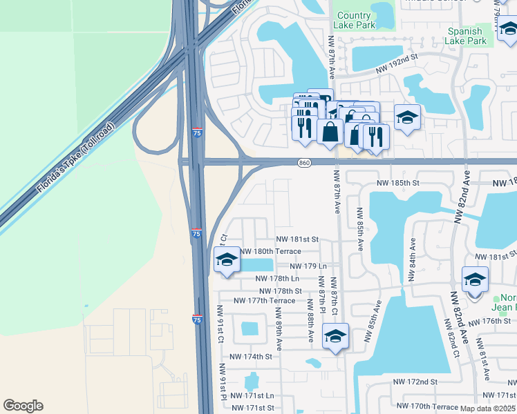 map of restaurants, bars, coffee shops, grocery stores, and more near 8967 Northwest 182nd Terrace in Hialeah