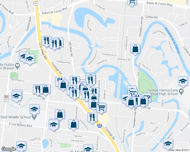 map of restaurants, bars, coffee shops, grocery stores, and more near 155 Poinciana Drive in Brownsville