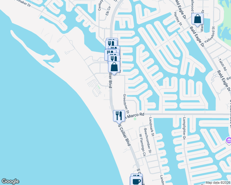 map of restaurants, bars, coffee shops, grocery stores, and more near 60 North Collier Boulevard in Marco Island