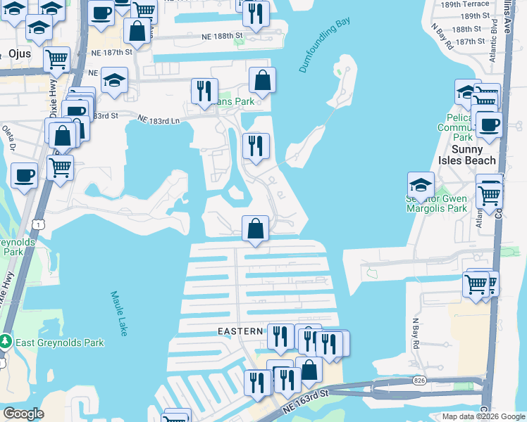 map of restaurants, bars, coffee shops, grocery stores, and more near 3700 Island Boulevard in Aventura
