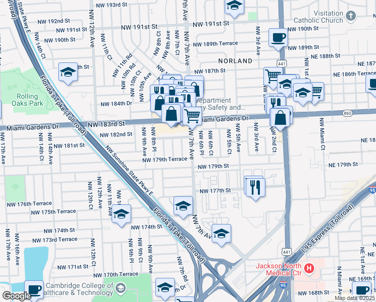 map of restaurants, bars, coffee shops, grocery stores, and more near 17940 Northwest 7th Court in Miami