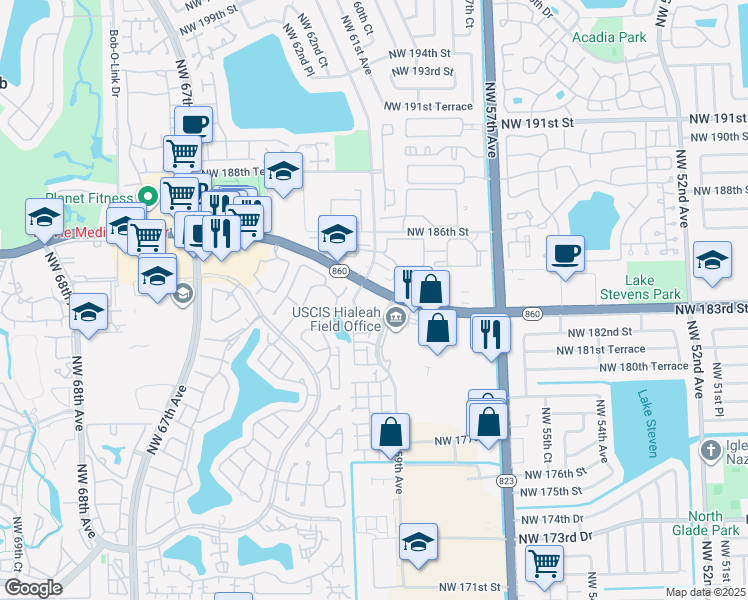 map of restaurants, bars, coffee shops, grocery stores, and more near 6001 Northwest 182nd Lane in Hialeah
