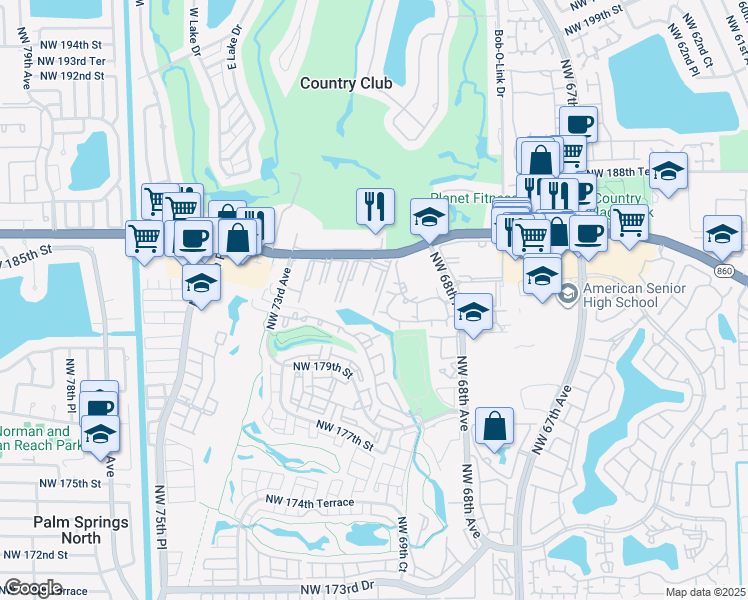 map of restaurants, bars, coffee shops, grocery stores, and more near 6970 Northwest 186th Street in Hialeah