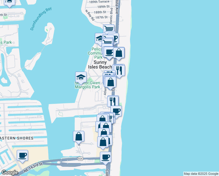 map of restaurants, bars, coffee shops, grocery stores, and more near 17555 Atlantic Boulevard in Sunny Isles Beach